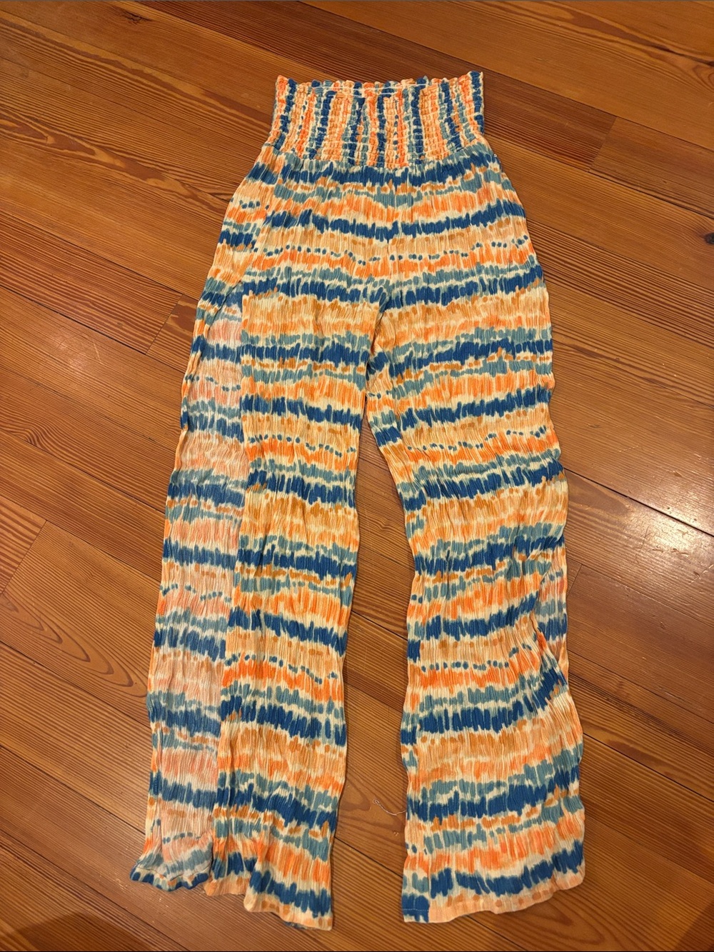 Tie-Dye Smocked High-Waist Wide Leg Pants - Blue & Orange